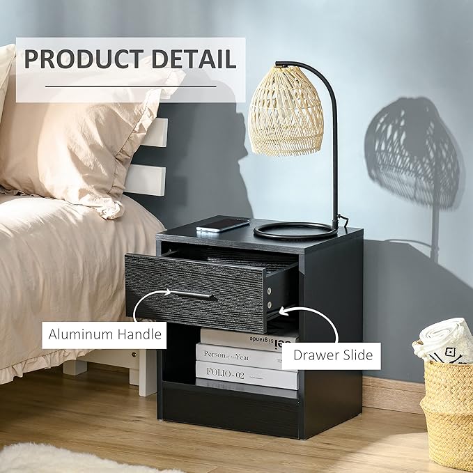HOMCOM Modern Accent End Table with Drawer and Storage Shelf, Sofa Side Table for Living Room, Black Wood Grain