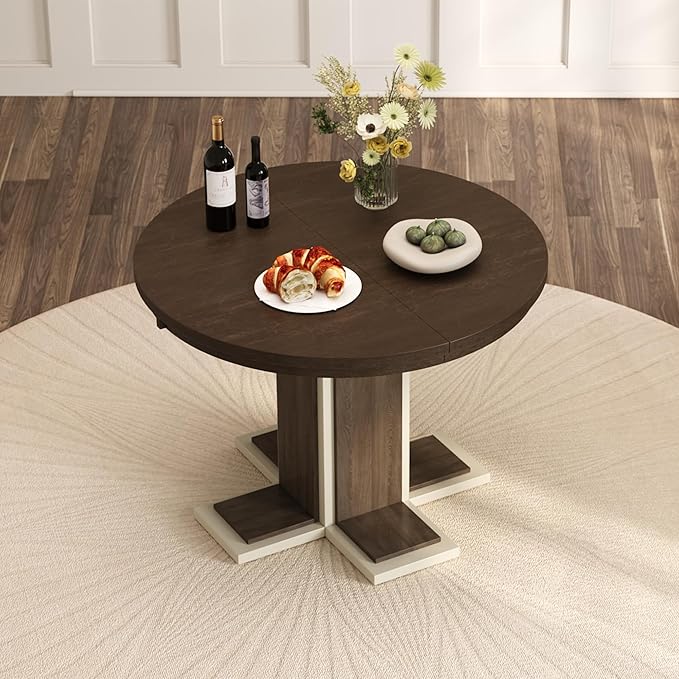 Ball & Cast Farmhouse Extendable Dining Table for 4-6, 42"-58" Extendable Kitchen-Table with a 16" Leaf, Round Ellipse Retro Wood Dining Room-Table w/Double Layer Base,Two Tone Color, Espresso