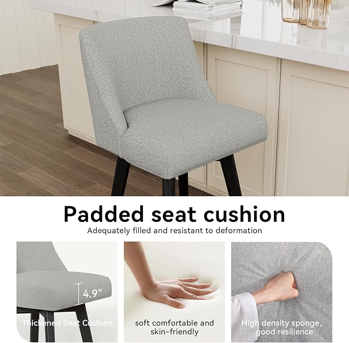Vipbear Swivel Counter Height Bar Stools Set of 2,26.8" H Counter Stools with Back, Mid Century Modern Bar Stools for Kitchen Island,Linen Fabric,Wooden Base, Light Gray