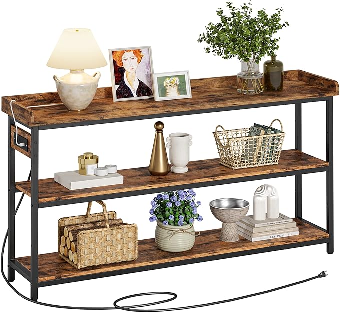 IRONCK Console Table, Sofa Table with Power Outlet, Farmhouse Hallway Table for Entryway, Living Room, Height Adjustable, Easy Assembly, Rustic Brown,55"
