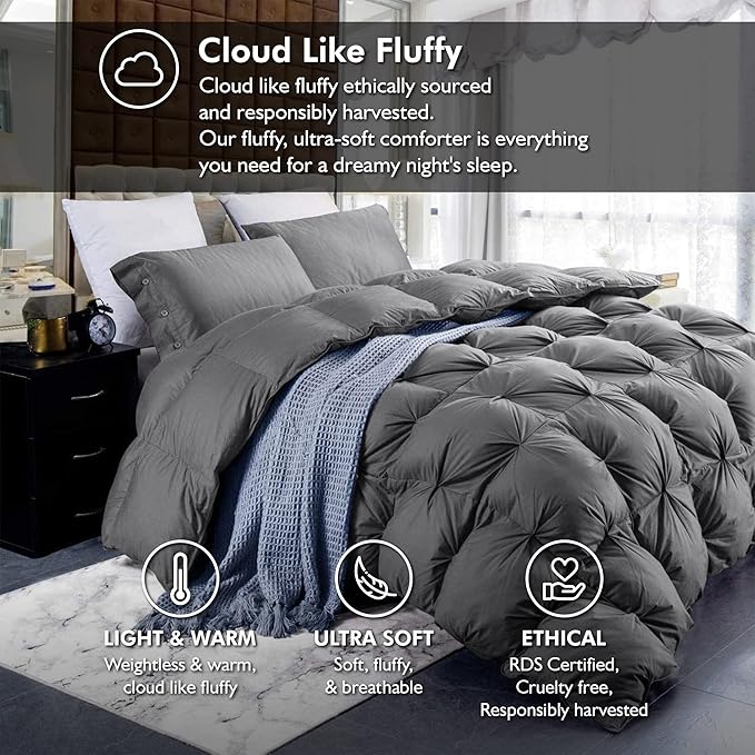Luxurious All-Season Goose Down Feather Fiber Comforter King Size Duvet Insert, Exquisite Pinch Pleat Ruffled Twisted Flower, Premium Baffle Box, 100% Egyptian Cotton Cover, 70 oz. Fill Weight, Gray