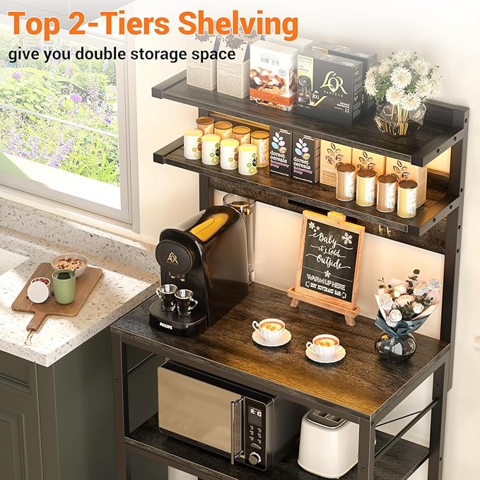 Aheaplus Bakers Rack with Power Outlet, Microwave Stand, 5 Tiers Coffee Bar Station with Led Lights, Kitchen Storage Shelf with 6 S-Shaped Hooks, Kitchen Rack for Spices, Pots and Pans, Black Oak