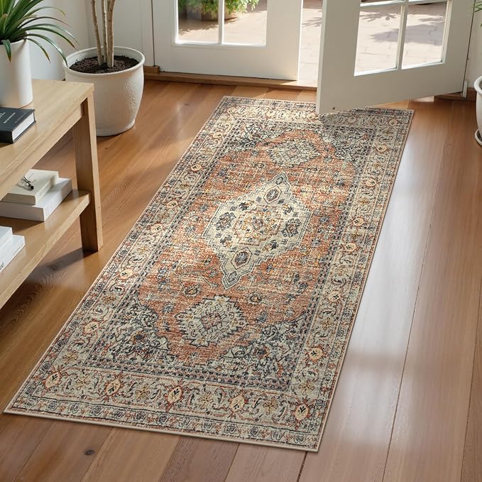 Lahome Oriental Small Area Rug, 2x4 Soft Washable Rugs for Entryway Kitchen, Non-Slip Ultra-Thin Indoor Door Mat Distressed Vintage Small Carpet for Bathroom Bedroom, Peach/Orange