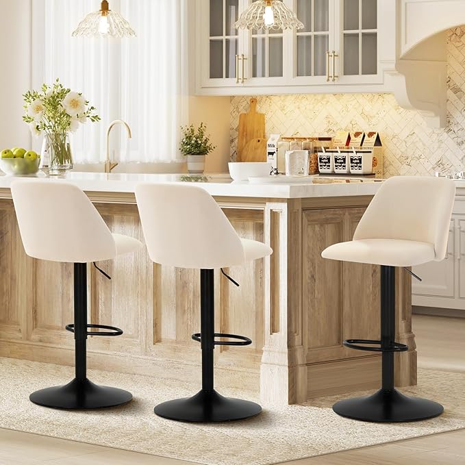 COLAMY Bar Stools Set of 6, Modern Swivel Bar Chairs, Adjustable Upholstered Barstools Counter Height with Full Backrest for Bar, Dining Room, Kitchen Island, Beige