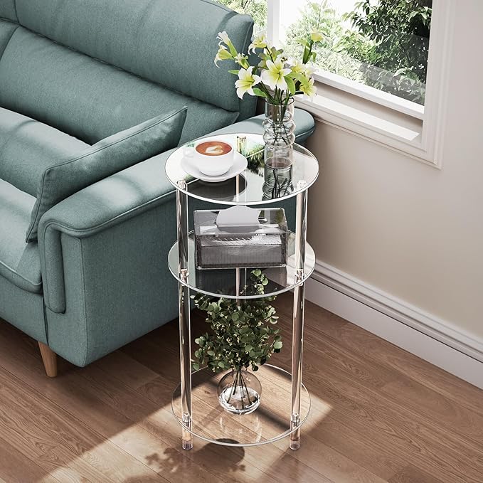 Clear Round Acrylic Side Table Set of 2 for Small Spaces, 11.81" L x 11.81" W x 24.6" H, 3 Tier Small Drink End Table Nightstand, Minimalist Bedside Table for Living Room, Bedroom, Bathroom