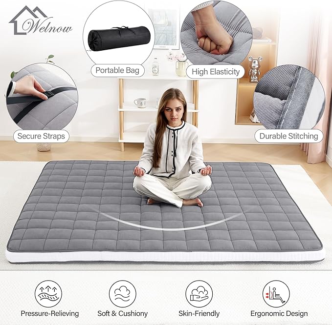 Welnow Japanese Futon Floor Mattress, Full Size Thick Tatami Mat Portable & Foldable Roll Up Floor Bed Mattress with Storage Bag, Sleeping Pad for Adults, Dorm, Guest Bed, Camping and Travel, Grey