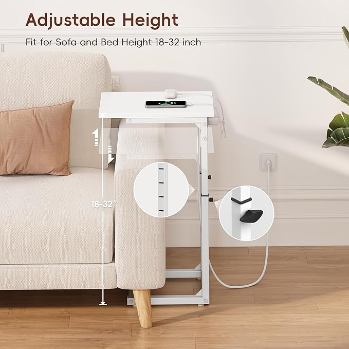 Vagusicc C Shaped End Table with Charging Station, 33" Tall Side Table for Couch, Sofa Table Adjustable Height Couch Side Table Coffee Table, Slide Under Sofa TV Tray C Table for Living Room, White