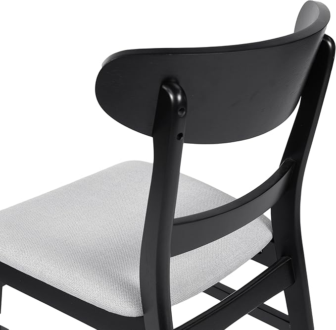 Set of 2 Solid Wood Dining Chairs, Fabric Upholstered Seat Mid-Century Modern Kitchen Furniture for Living Room, Light Gray+Black