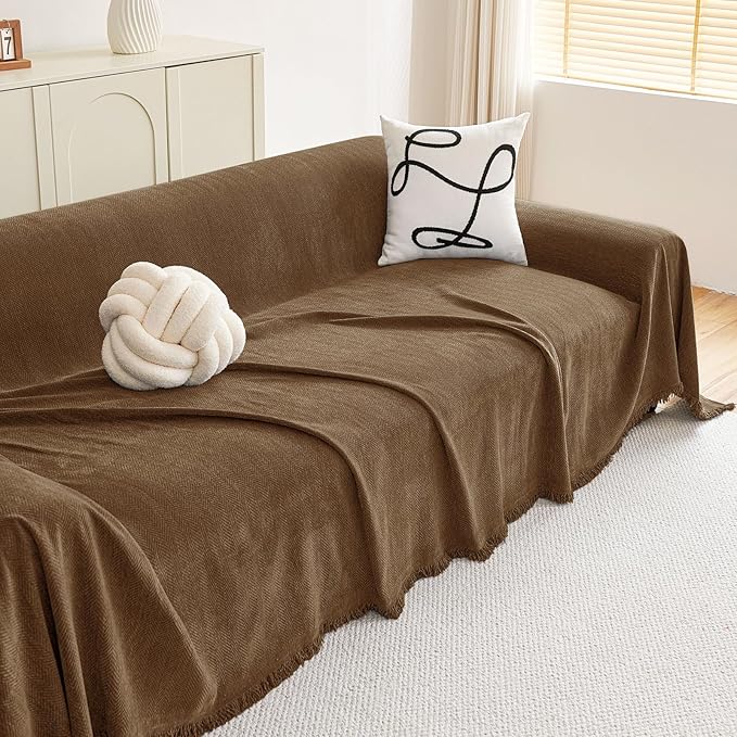 hyha Couch Cover for Dogs, Boho Sofa Covers for 3 Cushion Couch Washable, Chenille Sofa Slipcover for Pets, Soft Loveseat Sectional Couch Throw Blankets with Tassels (Chocolate, 88.5x134 Inch)