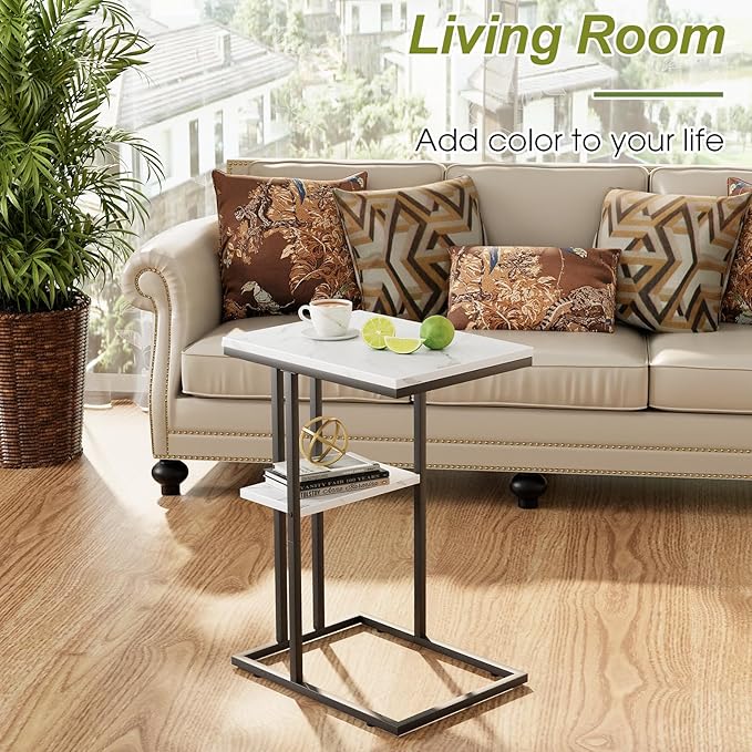 Easy Paws C Shaped End Table,Small Side Table for Couch and Bed, Gold Snack Couch Table for Small Spaces, Living Room, Bedroom,Bedside (White Marble)