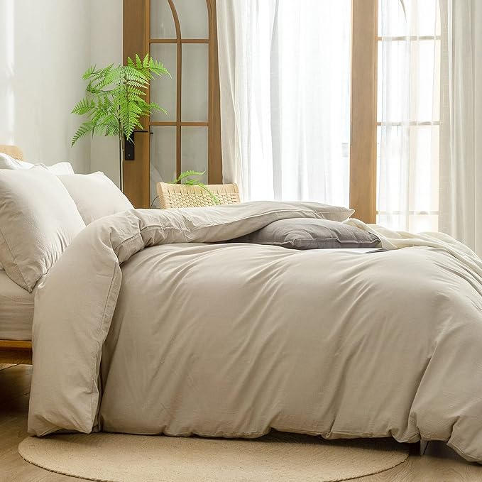 BESTOUCH Duvet Cover Set 100% Washed Cotton Linen Feel Super Soft Comfortable Chic Lightweight 3 PCs Home Bedding Set Solid Almond Milk Grey Super Queen