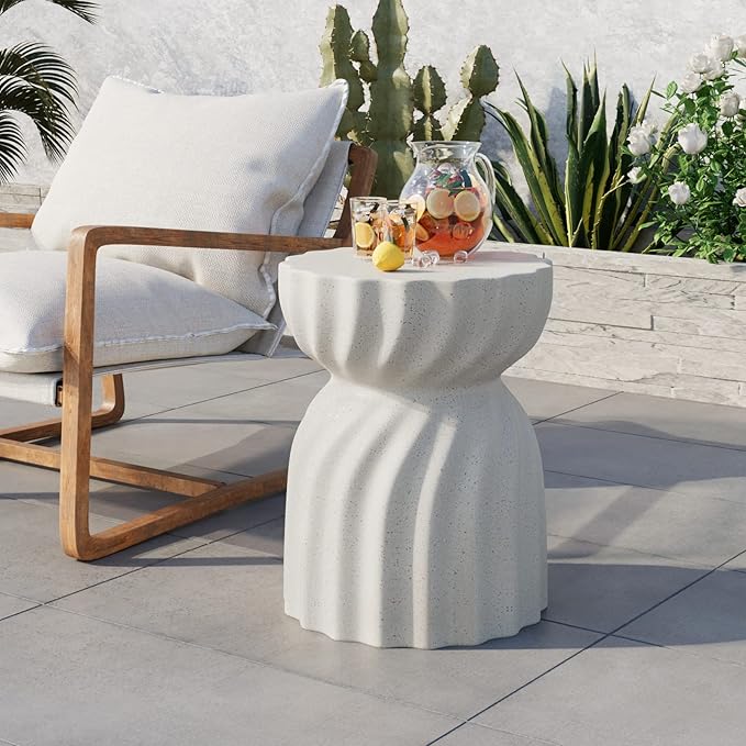 COSIEST Set of 2 Outdoor Side Table, 19" Concrete Contemporary Lightweight Side Table,Patio End Accent Table, Modern Stool Table for Livingroom,Garden,Patio,Spotted White
