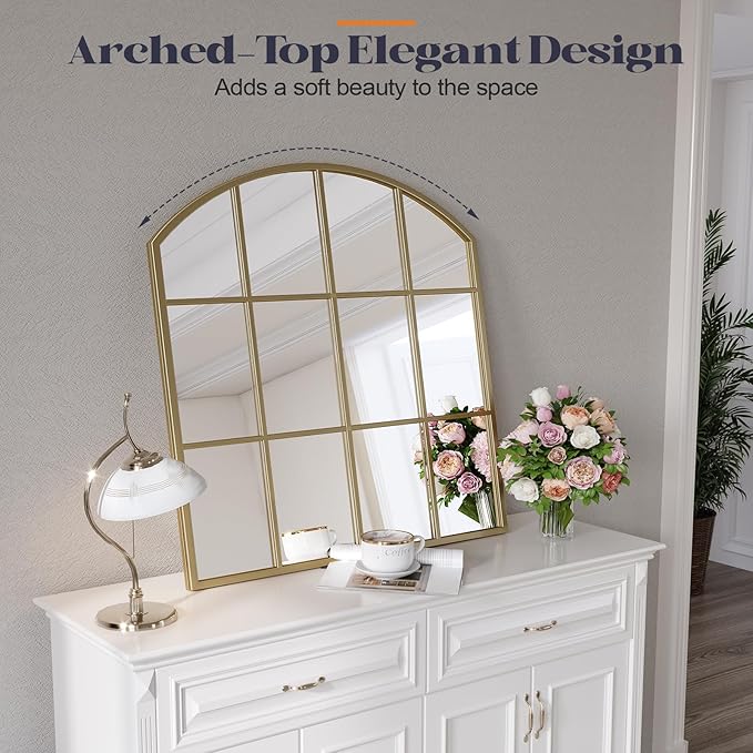 Wide Window Pane Mirror, 28" x 32" Gold Arched Mirrors for Wall, Brass Grid Wall Large Decorative Mirror for Living Room Bedroom Farmhouse Fireplace Hallway Entryway