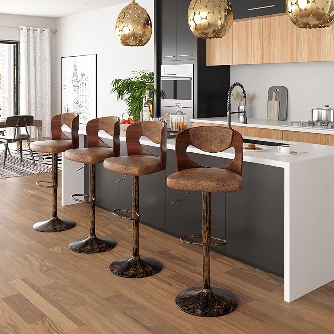 VECELO Bar Stools Set of 2,Kitchen Island Stools with Bentwood Back,Arm&Footrest,Counter Height Stools PU Leather Adjustable Height,Swivel Bar Chairs for Club Pub Dining Room,Dark Brown