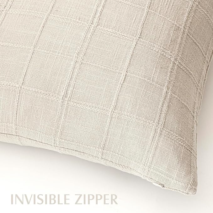 Foindtower Set of 2 Decorative Linen Check Throw Pillow Covers Neutral Farmhouse Vintage Cushion Covers Modern Boho Home Decor For Sofa Chair Couch Bedroom Living Room Outdoor,24×24 Inch,Natural Beige