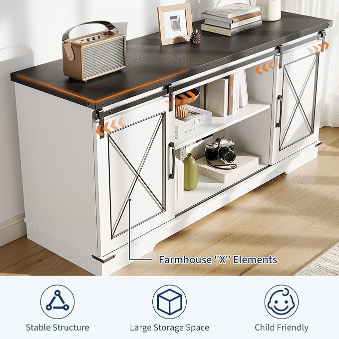 GarveeHome Farmhouse TV Stand for TV up to 65 Inches and Entertainment Center with Sliding Barn Doors and Adjustable Shelf, Tv Media Console Table with Storage Cabinet for Living Room, Bedroom, White
