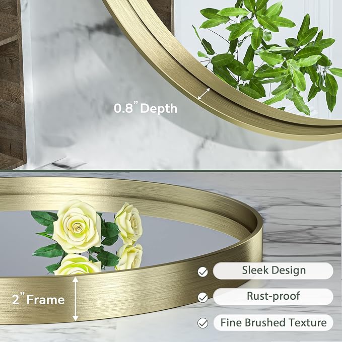 TokeShimi Round Gold Mirror 36 Inch Round Bathroom Mirror for Wall with Non-Rusting Aluminum Alloy Brushed Gold Matte Metal Frame Modern Circle Mirror Fit in Minimalist Multi Style Home Decor