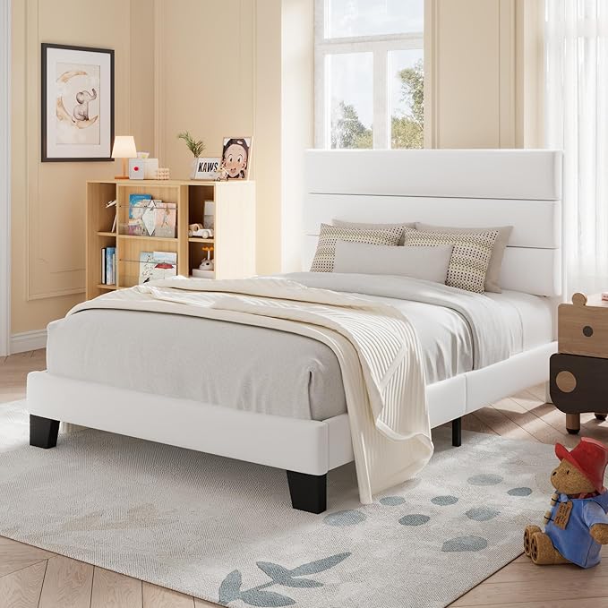Allewie Twin Size Platform Bed Frame with Velvet Upholstered Headboard and Wooden Slats Support, Fully Upholstered Mattress Foundation/No Box Spring Needed/Easy Assembly, White