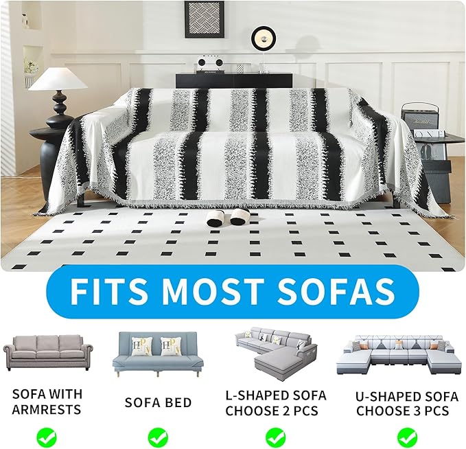 LUFEIJIASHI Boho Couch Covers for Sofa Non Slip Sofa Covers Washable Couch Covers for 3 Cushion Couch Sofa Pet Friendly Sectional Couch Cover Blanket Furniture Protector for Dogs (Black, 91"x150")