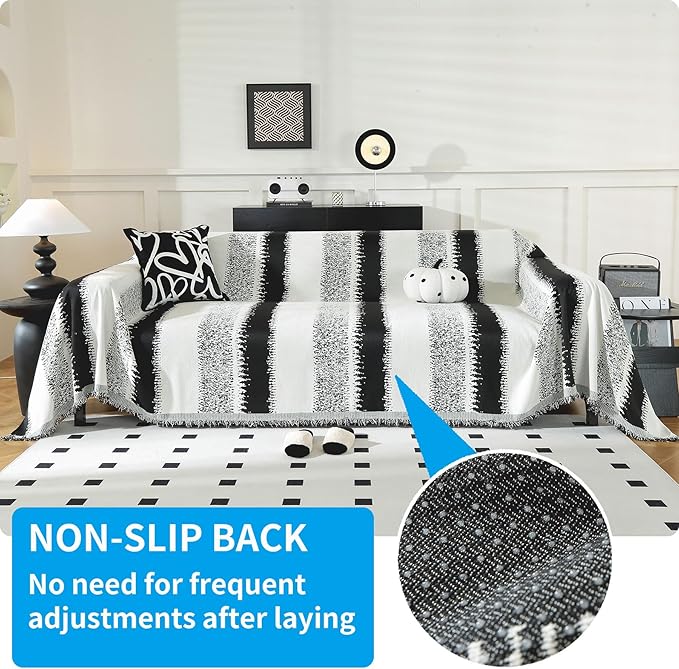 LUFEIJIASHI Boho Couch Covers for Sofa Non Slip Sofa Covers Washable Couch Covers for 3 Cushion Couch Sofa Pet Friendly Sectional Couch Cover Blanket Furniture Protector for Dogs (Black, 71"x134")