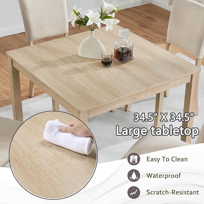 Ball & Cast 5 Piece Dining Table Set with 4 Upholstered Chairs,Wooden Living Room Furniture W/ 34.5" Square Kitchen Desk & Backrest Chair,for Small Space,Dining Room,Liaght Oak & Beige