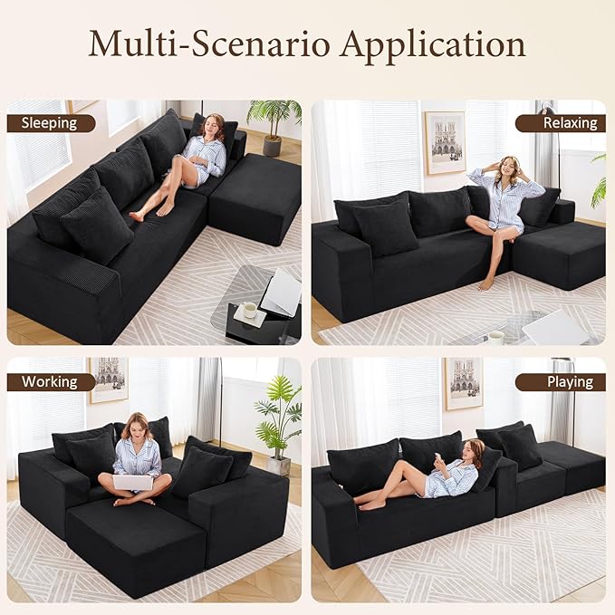 INGEROOM 108" Cloud Sectional Couch with L-Shape Chaise, Modular Sofa Memory Foam, Boneless Sofa with Movable Ottoman, Upholstered Couches for Living Room Bedroom, No Assembly Required, Black
