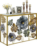 Console Table, Vintage Art Sofa Table with Metal Flower Decor, Narrow Entryway Tables with Glass Mirror Tabletop Behind Sofa, Narrow Accent Table for Entryway Living Room Hallway Bedroom