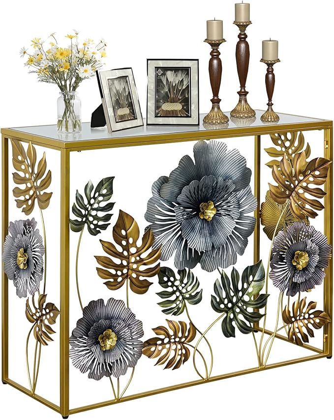 Console Table, Vintage Art Sofa Table with Metal Flower Decor, Narrow Entryway Tables with Glass Mirror Tabletop Behind Sofa, Narrow Accent Table for Entryway Living Room Hallway Bedroom