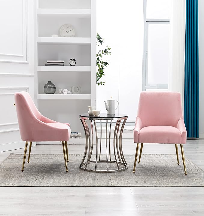 Velvet Dining Chairs, Furniture Collection Modern Contemporary Upholstered with Polished Gold Metal Legs, Set of 4(Pink)