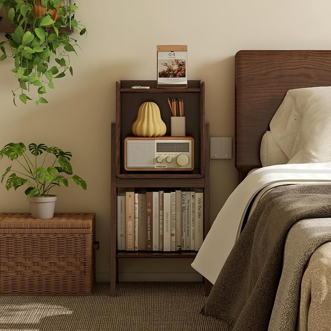 100% Solid Oak Ladder Shelf with Cabinet, 32.67" Tall Nightstand with Stable Frame for Bedroom, Small Bookcase for Living Room Nursery(Walnut, Fully Assembly Furniture)