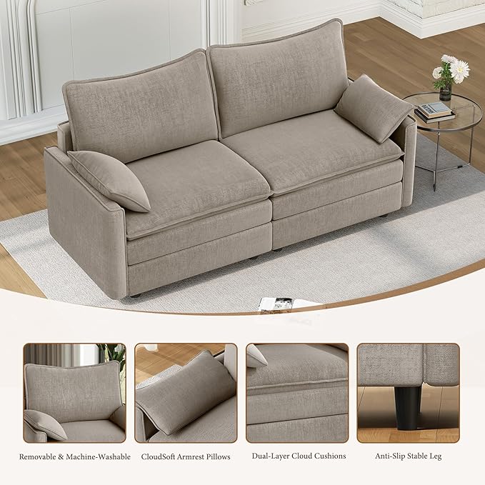 Vesgantti 74" Loveseat Sofa for Living Room, Comfy Cloud Couch Deep Seat Chenille Modern 2 Seater Small Sofa with Armrest Pillow, Easy Assembly for Small Spaces, Light Brown
