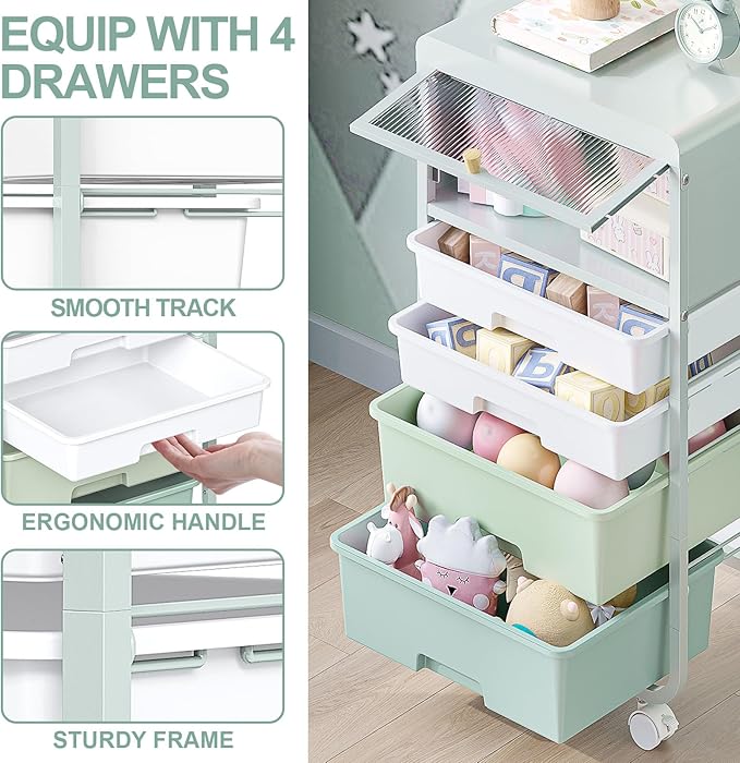 Utility-Rolling-Storage-Drawer-Craft-Cart-Organizers with 4 Drawers & Dust-proof Door for Kid Craft Art Room,Bedroom,Home Office, 4 Tiers Drawer cart, Green