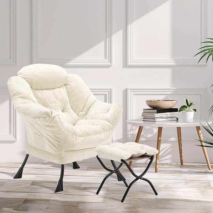 Fabric Lazy Chair with Ottoman, Oversized Upholstered Sofa Chair for Adults, Plush Comfy Lounge Chair with Large Side Storage Pocket, Reading Chair for Living Room, Bedroom, Study Room, Beige