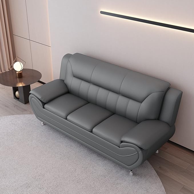Container Furniture Direct Michael Modern Faux Leather Upholstered Stainless Steel Legs Living Room Sofa, Gray