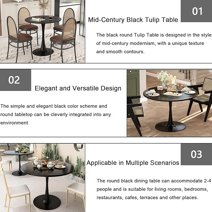 Black Round Dining Table, 24 Inches Tulip Round Kitchen Table, Mid-Century Leisure Table for Small Places, Dining Room, Living Room, Cafe