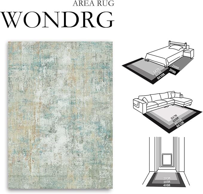 9x12 Area Rug Teal Beige Modern Neutral Abstract Living Room Bedroom Indoor Floor Carpet Low Pile Soft Non-Slip Lightweight Vacuumable Washable Large Throw Rug for Nursery Dining Room