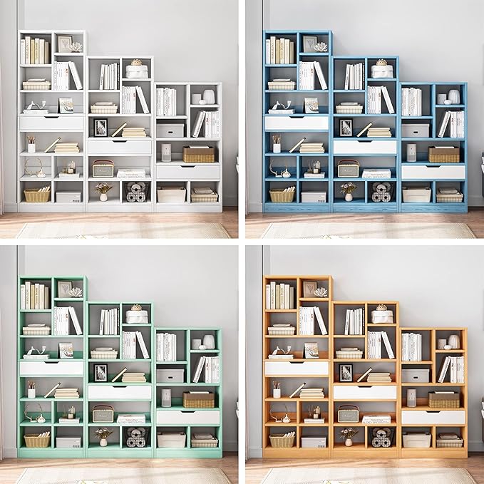 IOTXY Wooden Open Shelf Bookcase - 61 Inches Height Freestanding Display Storage Cabinet Organizer with 8 Cubes and a Drawer, Floor Standing Bookshelf in Tiffany-Green