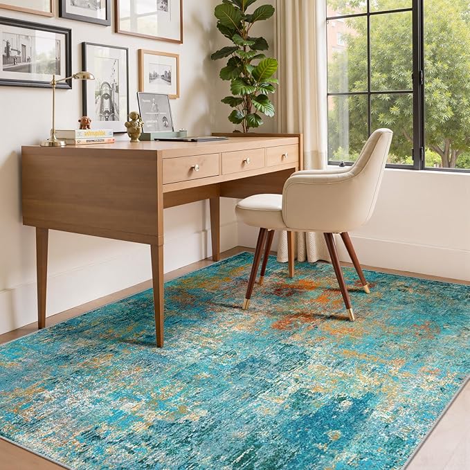 Washable Area Rugs 9'x12' Non-Slip Modern Abstract Soft for Living Room Entryway Bedroom Nursery, Print Pattern, Teal Blue Green Orange Rust Red Colorful