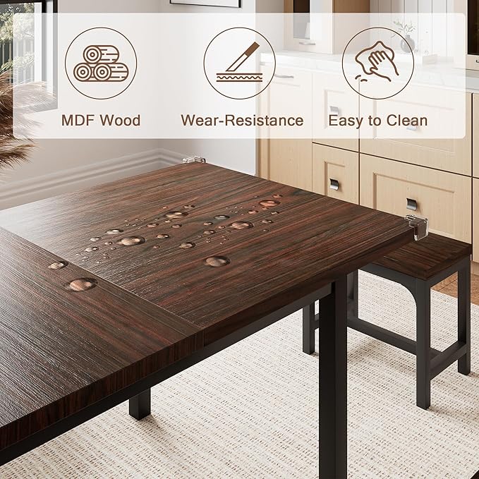 5 Pieces Dining Room Table Set for 4-6, 63' Extendable Kitchen Table Set with 2 Benches & 2 Stools, Small Dining Table Set with Metal Frame & MDF Board, Espresso