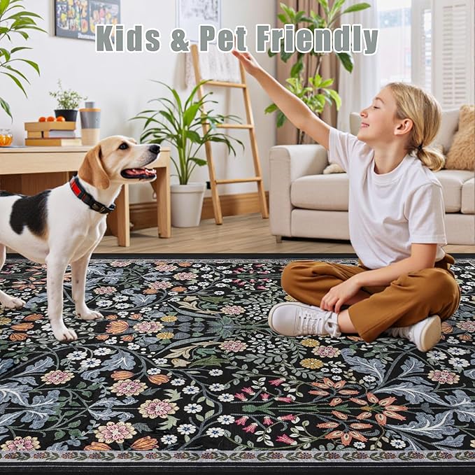 Area Rugs 9x12 Living Room: Floral Washable Rug Vintage Large Soft Boho Non-Slip Carpet Indoor Stain Resistant Low Pile Carpets for Bedroom Dining Room Farmhouse Nursery Hallway Home Office Dark Black