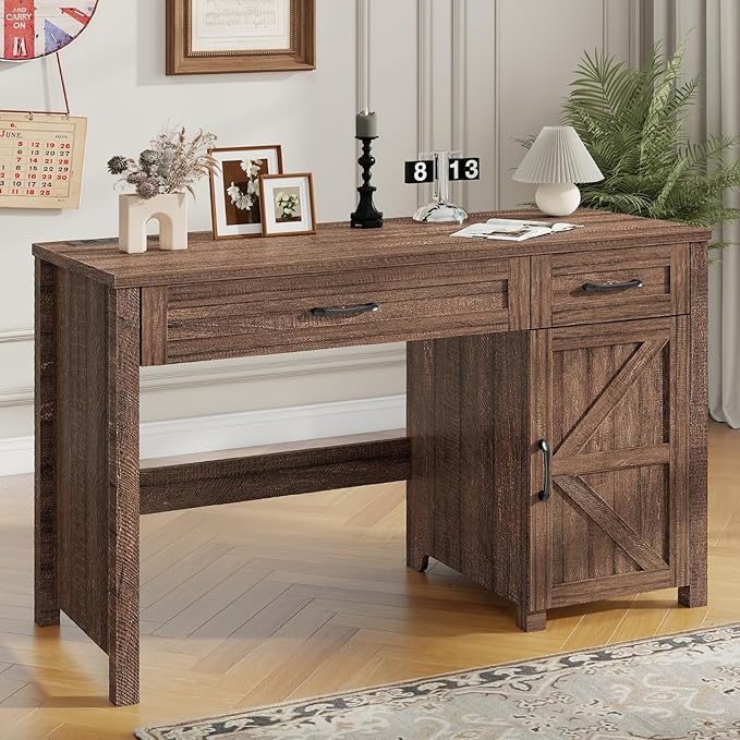 Farmhouse 47" Executive Desk, Computer Desk with Drawers and Storage Cabinet, Workstation Computer Desk for Home Office, Study.Red-Brown