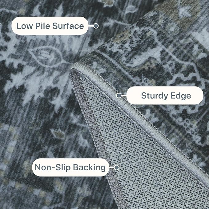 GENIMO 5x7 Area Rugs for Living Room, Machine Washable Non Slip Vintage Rugs, Low Pile Lightweight Chenille Print Rug for Bedroom, Dining Room, Home Office,Dark Gray