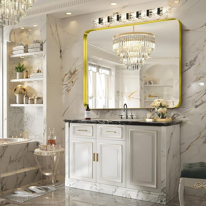 FORBATH 48x40 Inch Bathroom Mirror, Brushed Gold Deep Frame Wall Mirror with Rounded Corners, Anti-Rust Tempered Glass for Modern Farmhouse Vanity (Horizontal/Vertical)