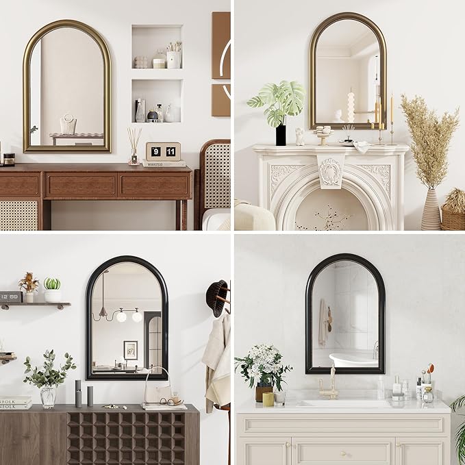 Axeman 24x36 Arched Wall Mirror, Decorative Bathroom Mirror, Traditional Vintage Wall Mounted Mirror with Beaded Frame for Accent Living Room Vanity Bedroom Entryway, Black