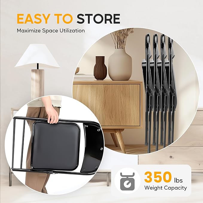 HealSmart 2 Pack Folding Chairs with Padded Leather Cushion Seats, Sturdy Metal Frame, Stackable Portable Design for Indoor Outdoor Use, Commercial Event Party Office Home Chairs, Black