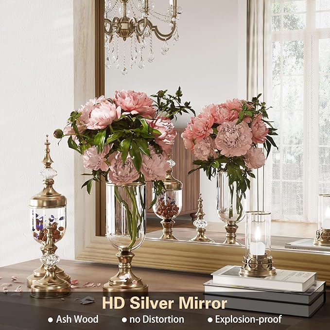 Brown Farmhouse Mirror for Wall, 40x26INCH Large Wood Framed Square Bathroom Mirrors for Vanity, Barn Door Style Mirrors Wall Mounted Dresser Decor Mirror Living Room Bedroom Horizontal
