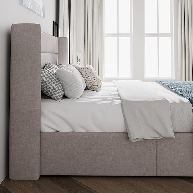 SHA CERLIN Queen Size Lift Up Storage Bed/Modern Wingback Headboard/Upholstered Platform Bed Frame/Hydraulic Storage/No Box Spring Needed/Wood Slats Support/Light Beige