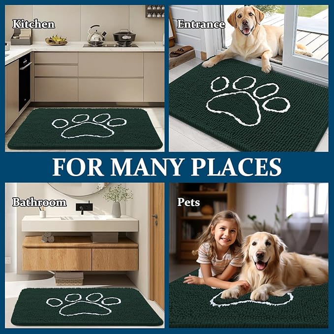 OLANLY Door Mat for Muddy Dog Paws 24x16, Absorbent Chenille Mud Doormat with Paw Print Design, Non-Slip Washable Doormat for Indoor Entryway, Quick-Dry Pet Bed Mats for Dirty Dogs, Blackish Green