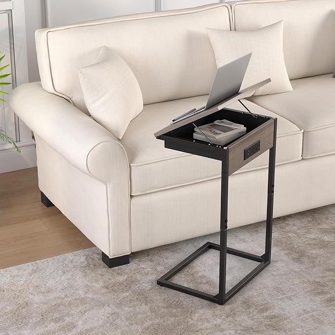 C Shaped End Tables with Charging Station, 45° Tiltable Adjustable Flip Top Side Table with Storage,Small C Table for Small Spaces,Slide Under Couch Sofa Bedside Tables for Living Room, Grey