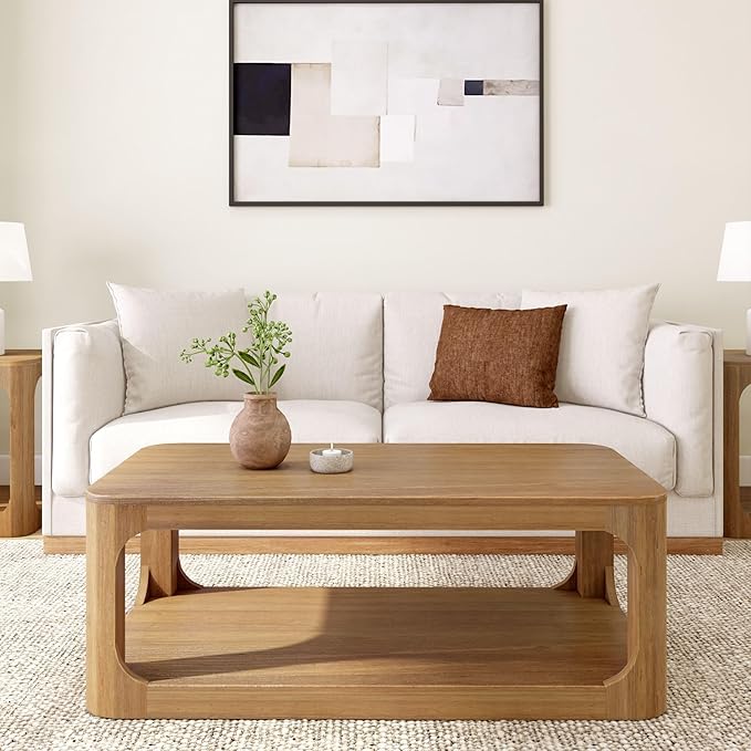Plank+Beam Forma Coffee Table, Solid Wood 48 Inch Modern Coffee Table with Shelf, Contemporary Center Table with Storage Space, Rectangle Tea Table with Storage, Pecan